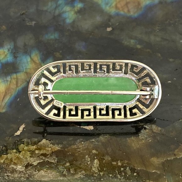 Sterling Silver 925 Oval Green Stone Greek Key Cut Out Brooch - Picture 4 of 16